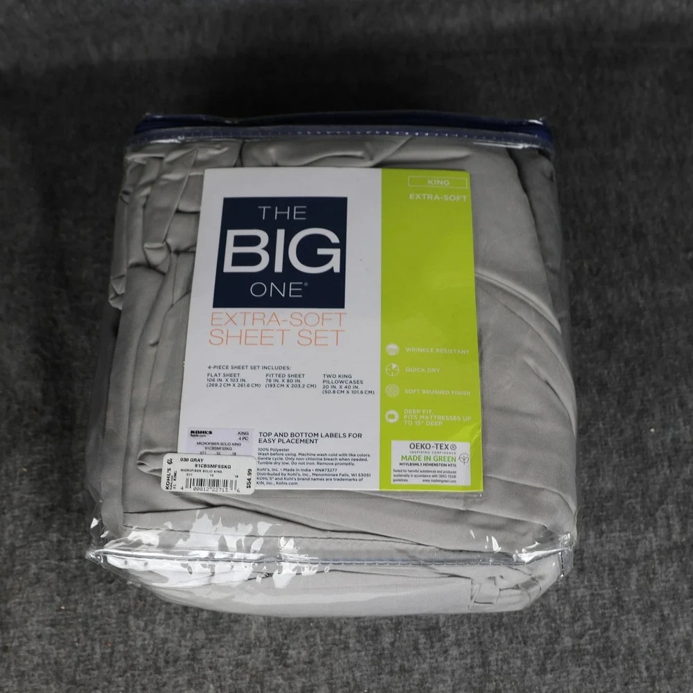 The Big One King Sheet Set Gray Geometric Extra-Soft Microfiber Deep Fit 4pc
